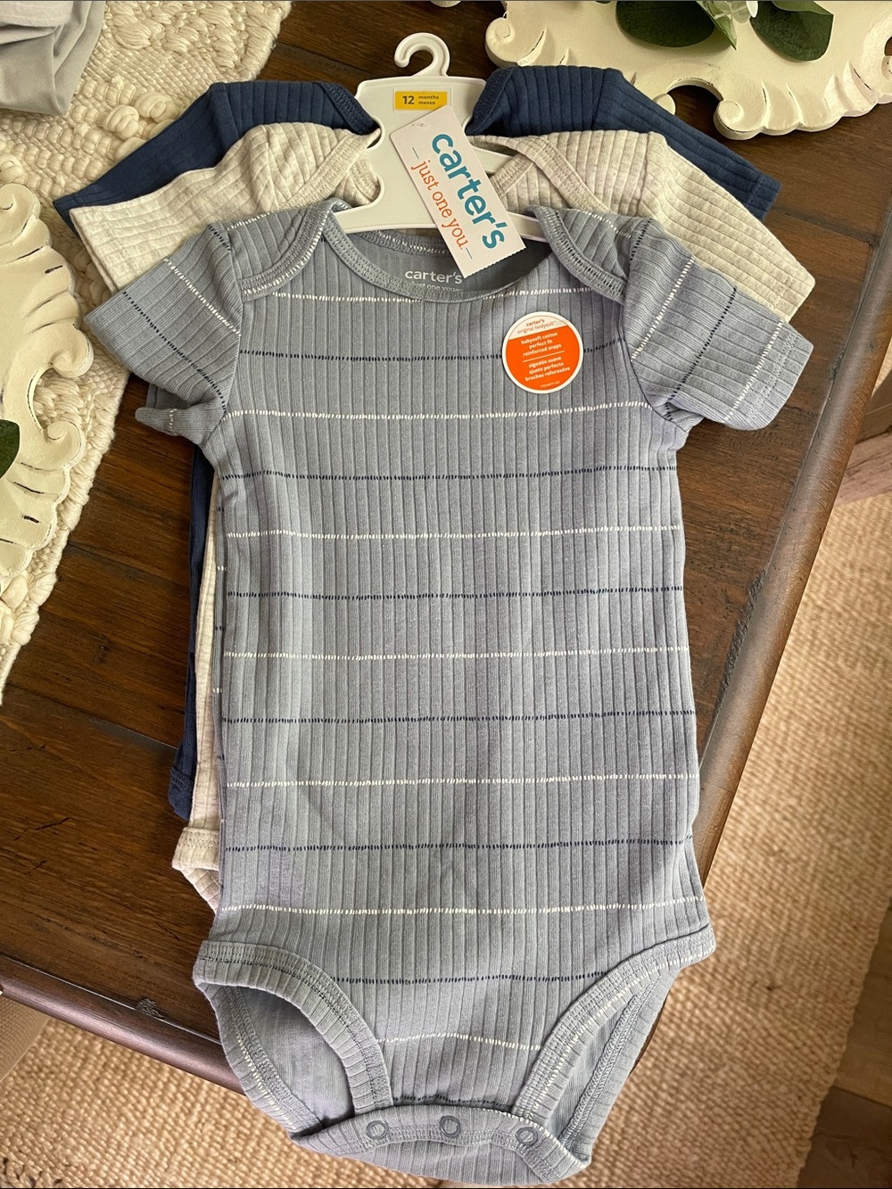 Carter's Light Blue, Gray and Navy Ribbed Baby One-Piece Set